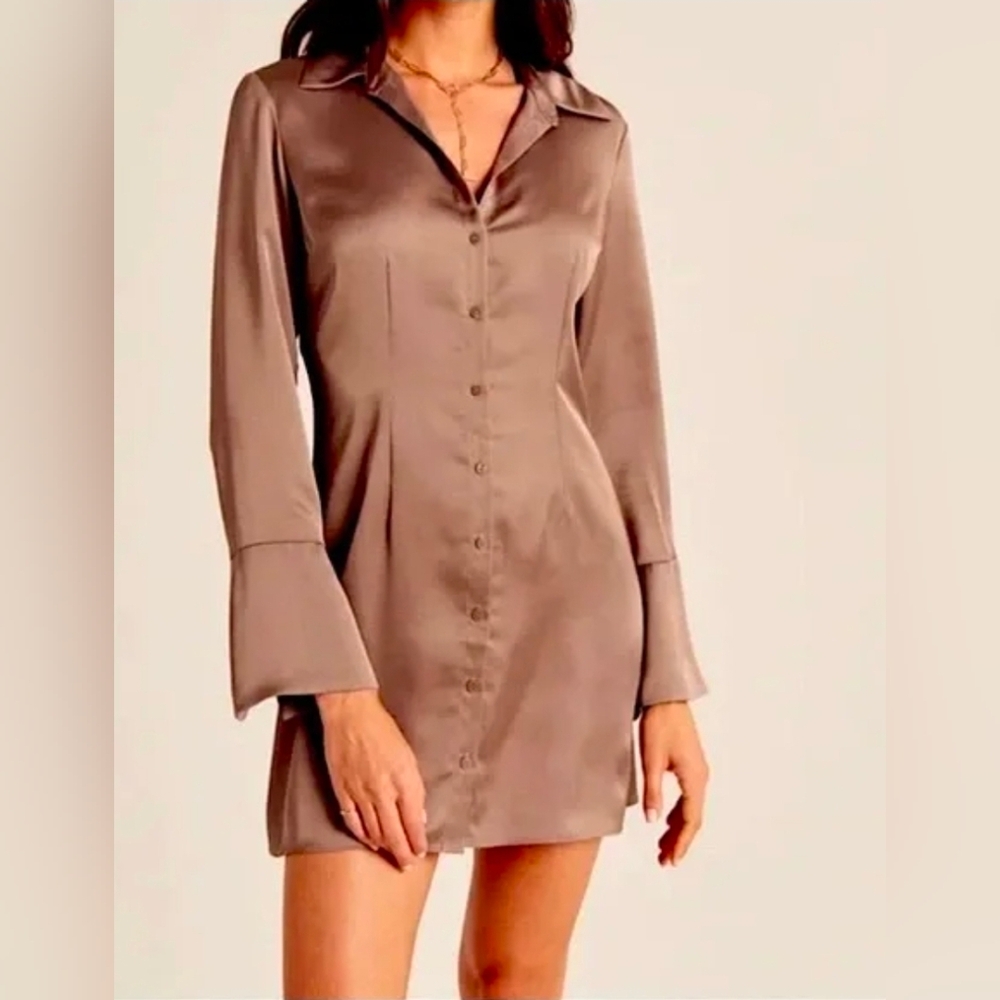 Abercrombie & Fitch Women's Satin Shirt Dress Brown L